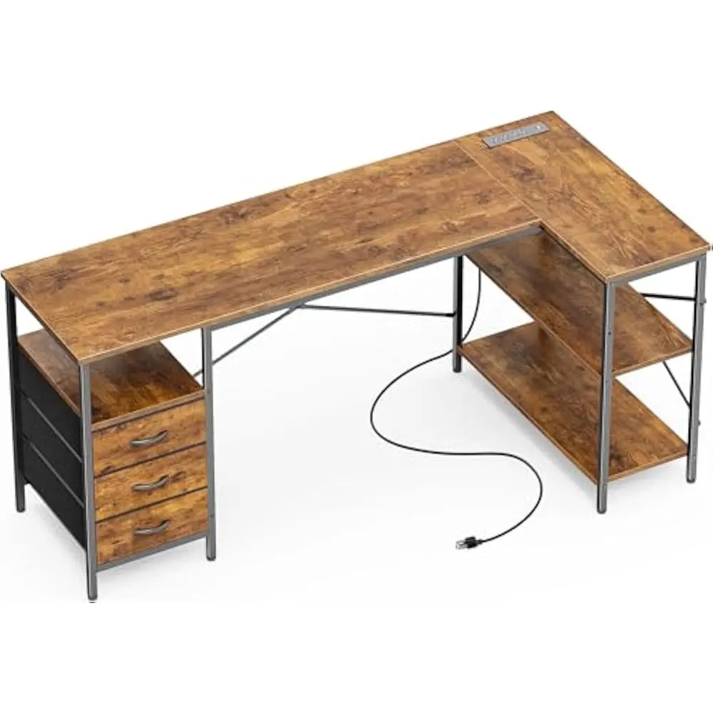 L Shaped Office Desk with Power Outlets and 3 Drawers for Home Office