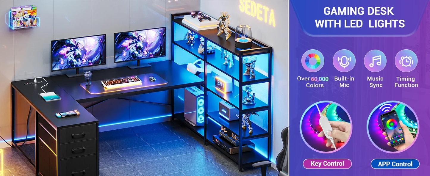 L Shaped Gaming Desk with Power Outlet LED Lights and Storage Shelves