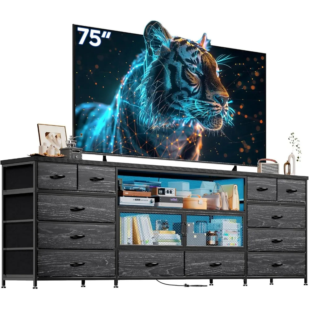 71 Inch Modern TV Stand with LED Lights Charging Station and 12 Drawers