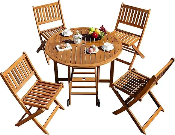 5 Piece Outdoor Acacia Wood Patio Dining Set Round Folding Table Chairs