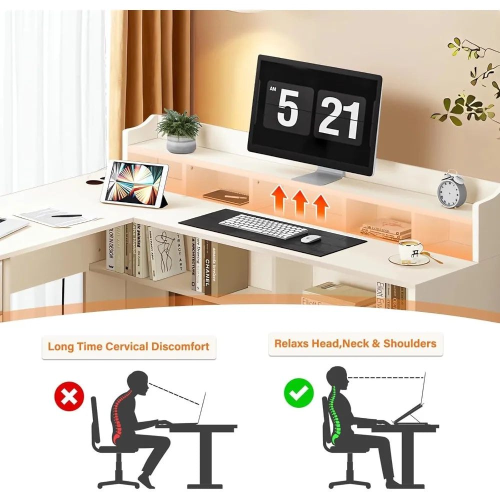 L Shaped Desk with 3 Drawers 60 Inch Corner Desk with Power Outlet