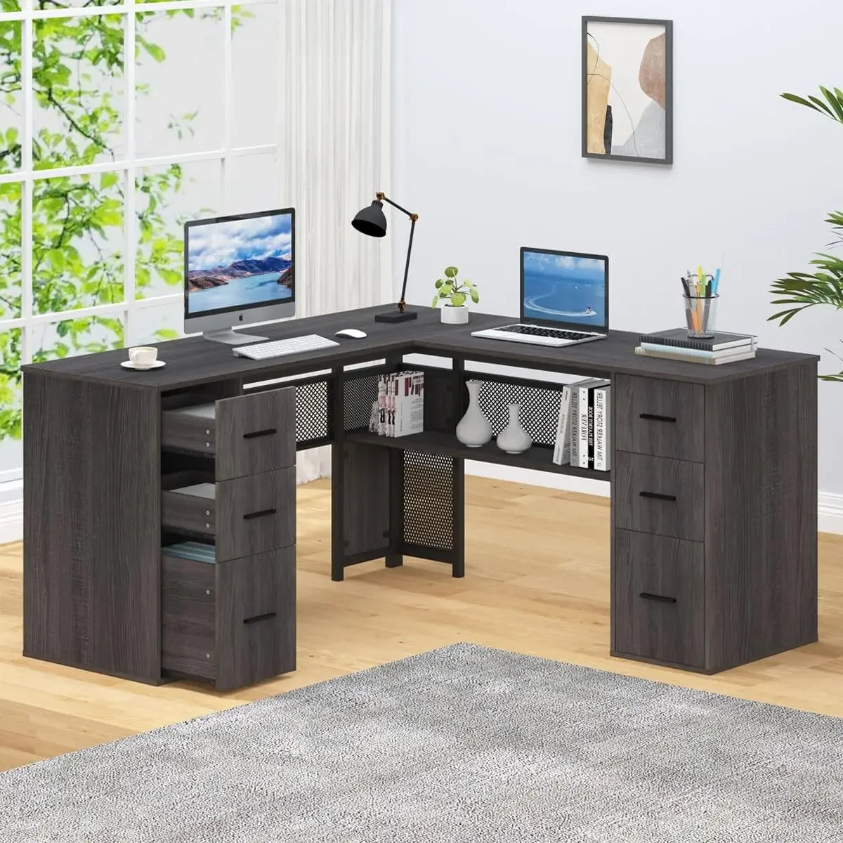 Large L Shaped Home Office Desk with Drawers Rustic Computer Desk