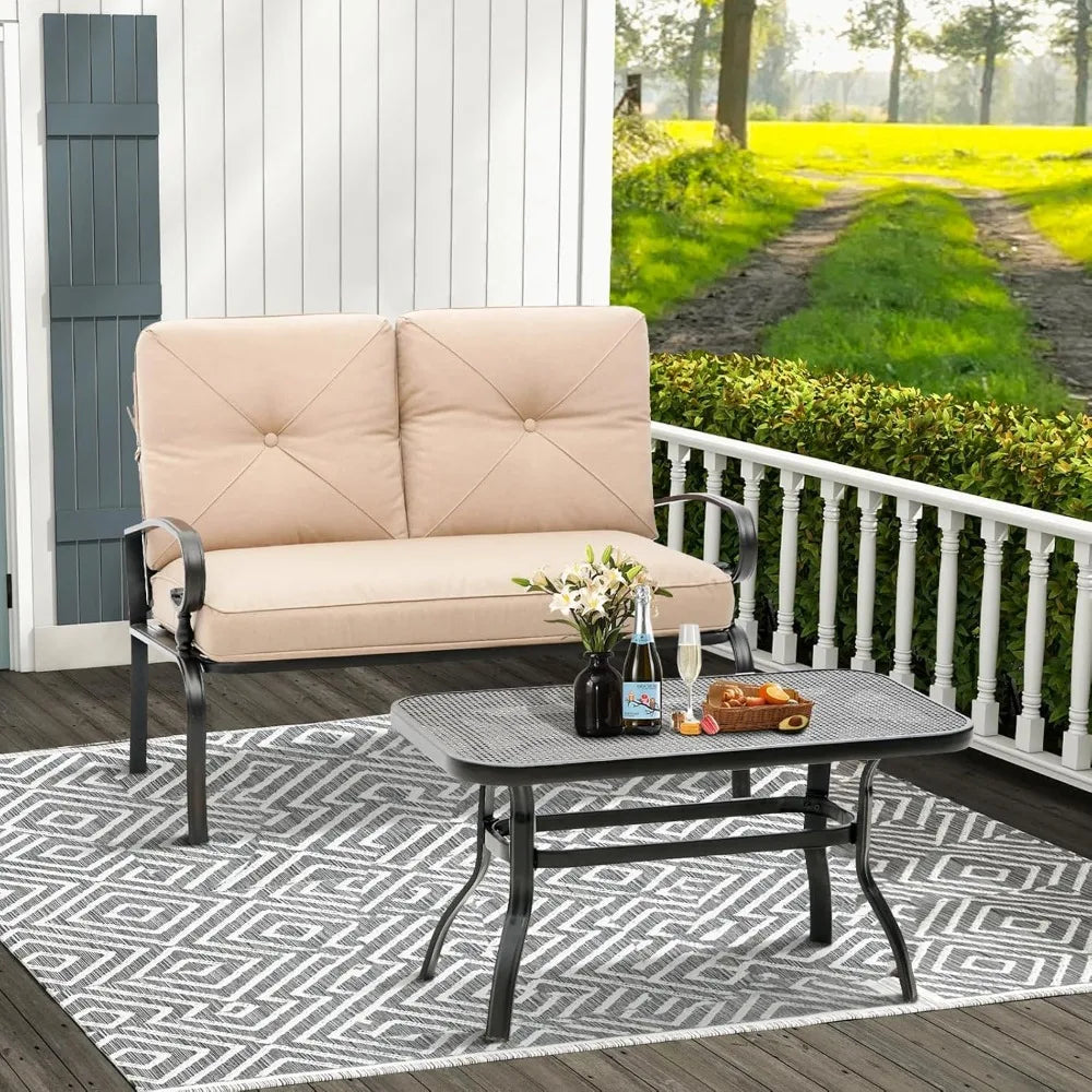 Outdoor Patio Loveseat Set with Thick Cushions and Coffee Table