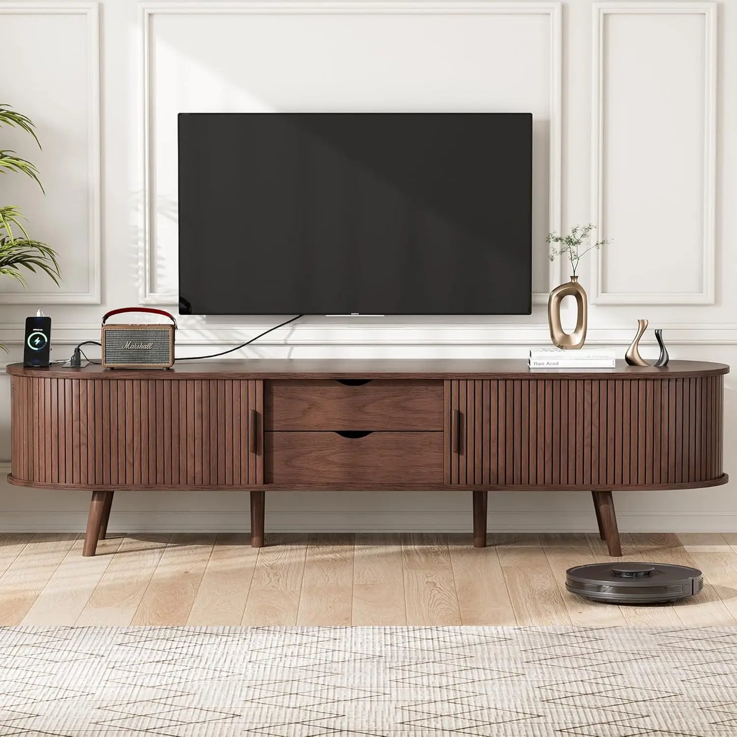 69 Inch Mid Century Modern TV Stand with Charging Station and Drawer