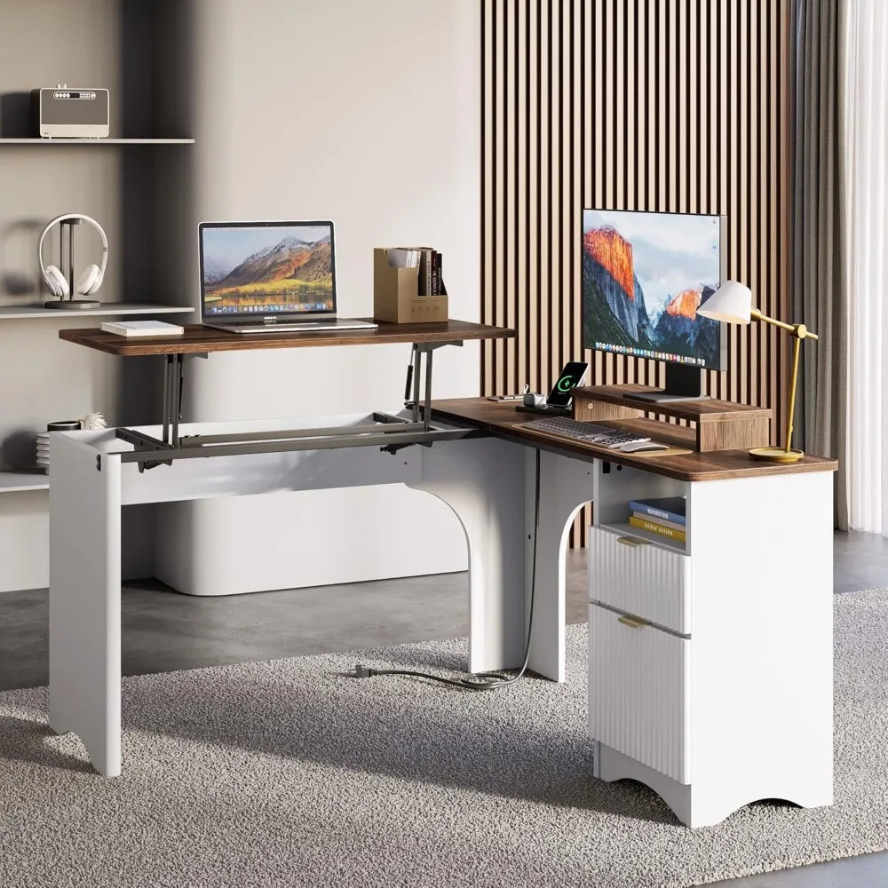 L Shaped Desk with Lift Top Modern Office Desk Fluted Panel Drawers