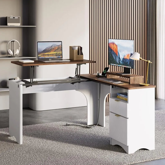 L Shaped Desk with Lift Top Modern Office Desk Fluted Panel Drawers