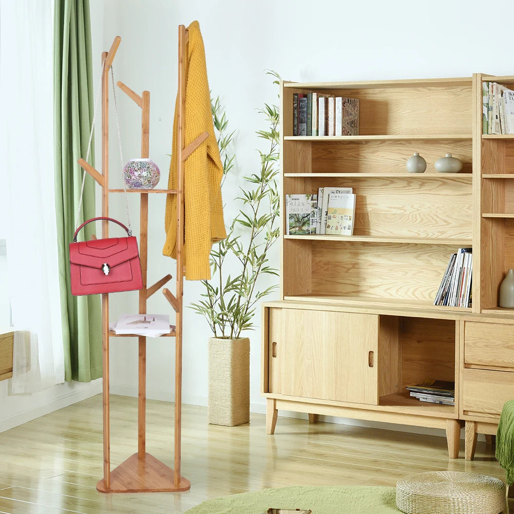Bamboo Coat Rack Tree with 9 Hooks and 3-Layer Shelf Stand for Home