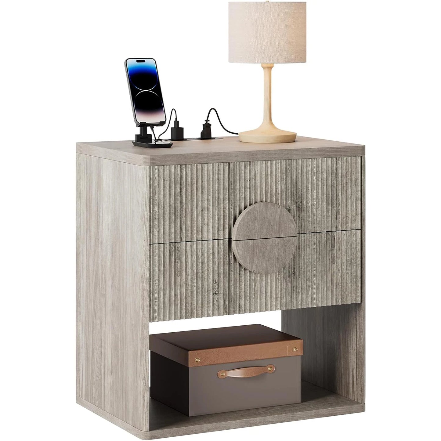 Large Fluted Nightstand with Drawers Modern Bedside Table 22.7" Wide