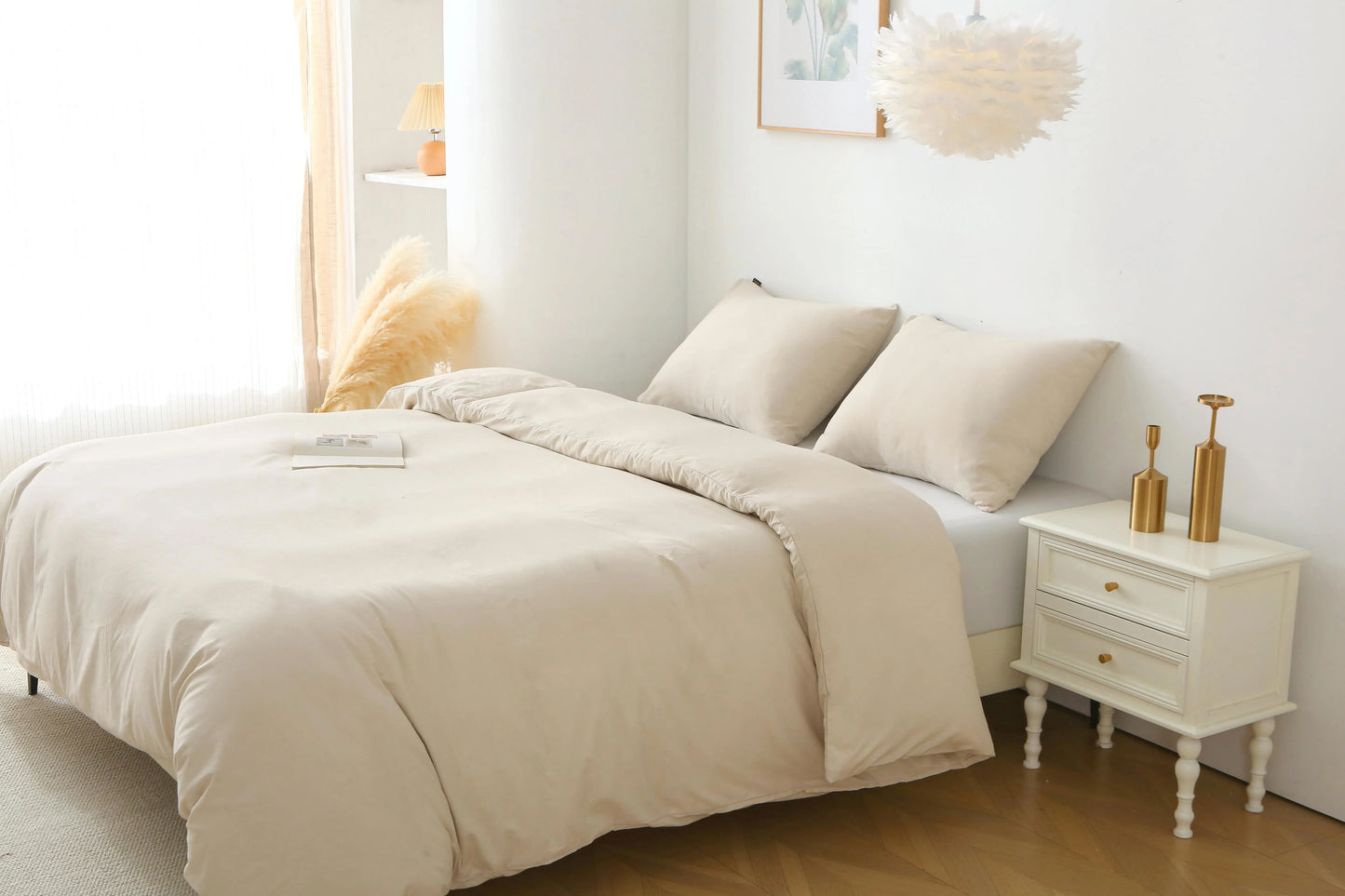 3 Piece Queen Duvet Cover Set Solid Beige 100 Cotton Pillow Shams