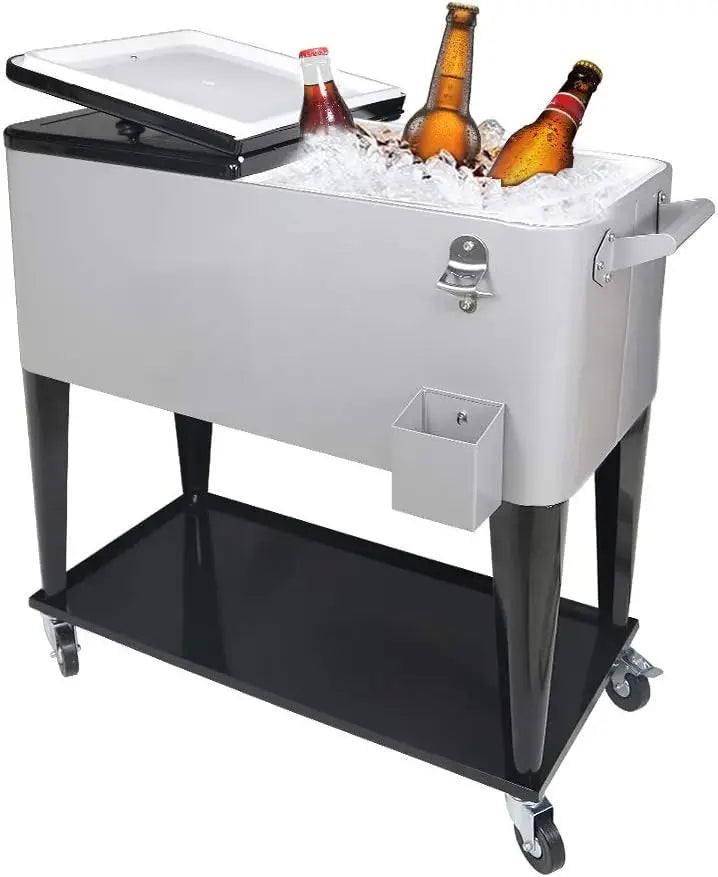 Portable Rolling Cooler Cart 80 Quart Outdoor Beverage Trolley