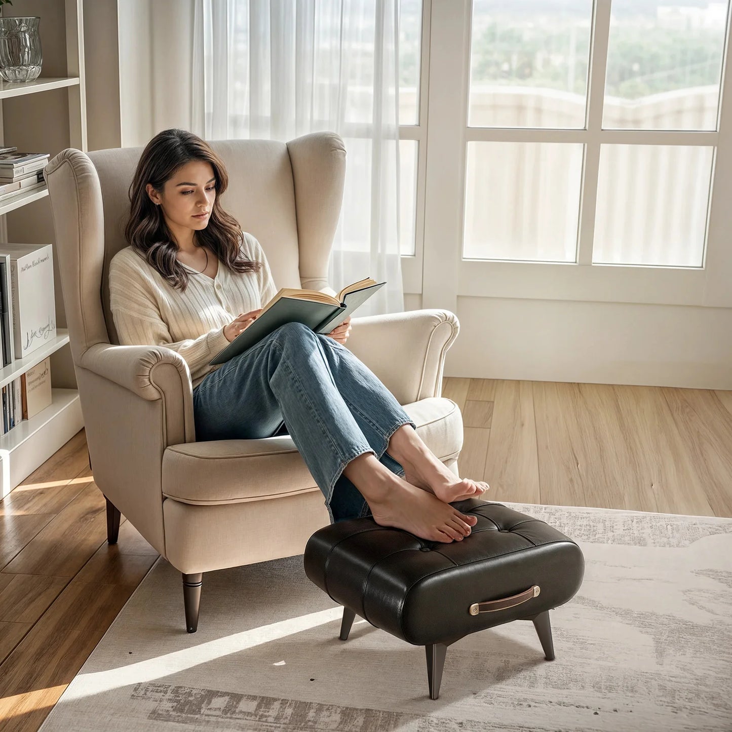 Vintage Waxed Leather Entryway Bench Luxury Ottoman Multifunctional Stool