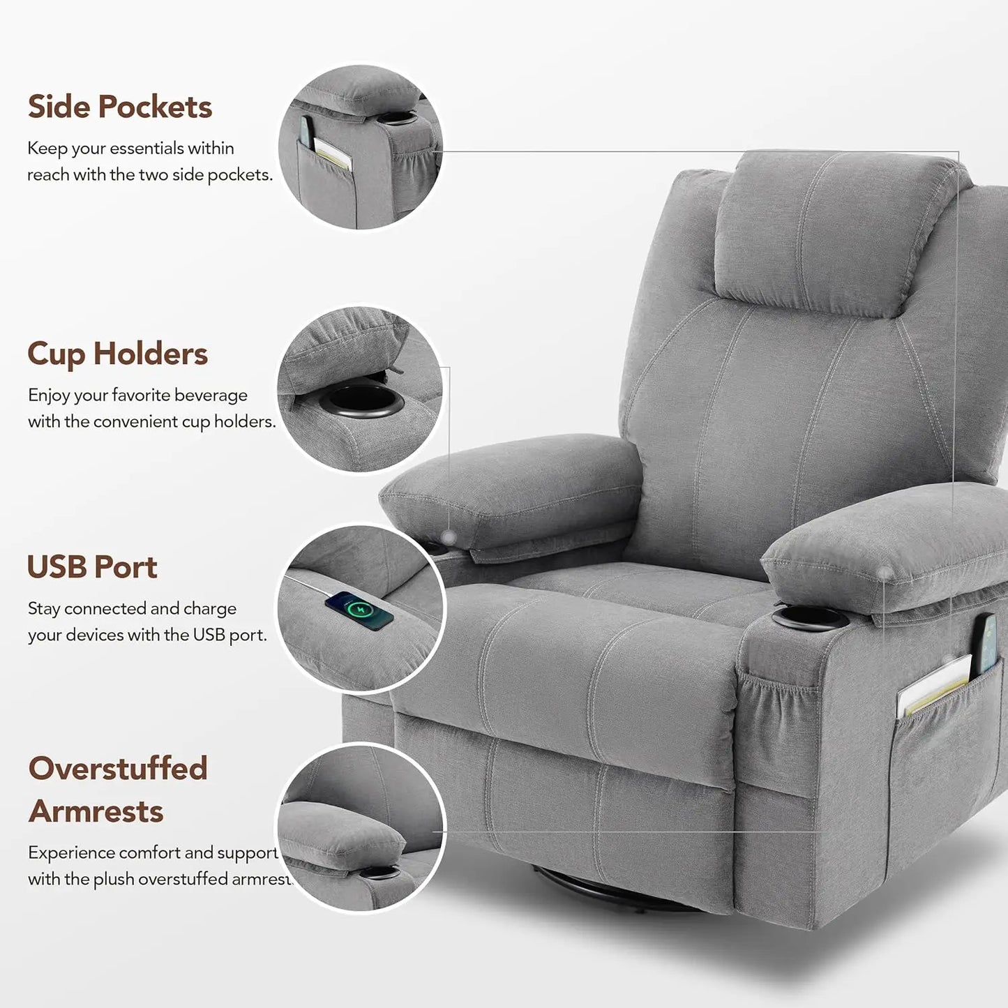 Swivel Rocker Recliner Chair with Heat Massage 360 Degree Swivel USB