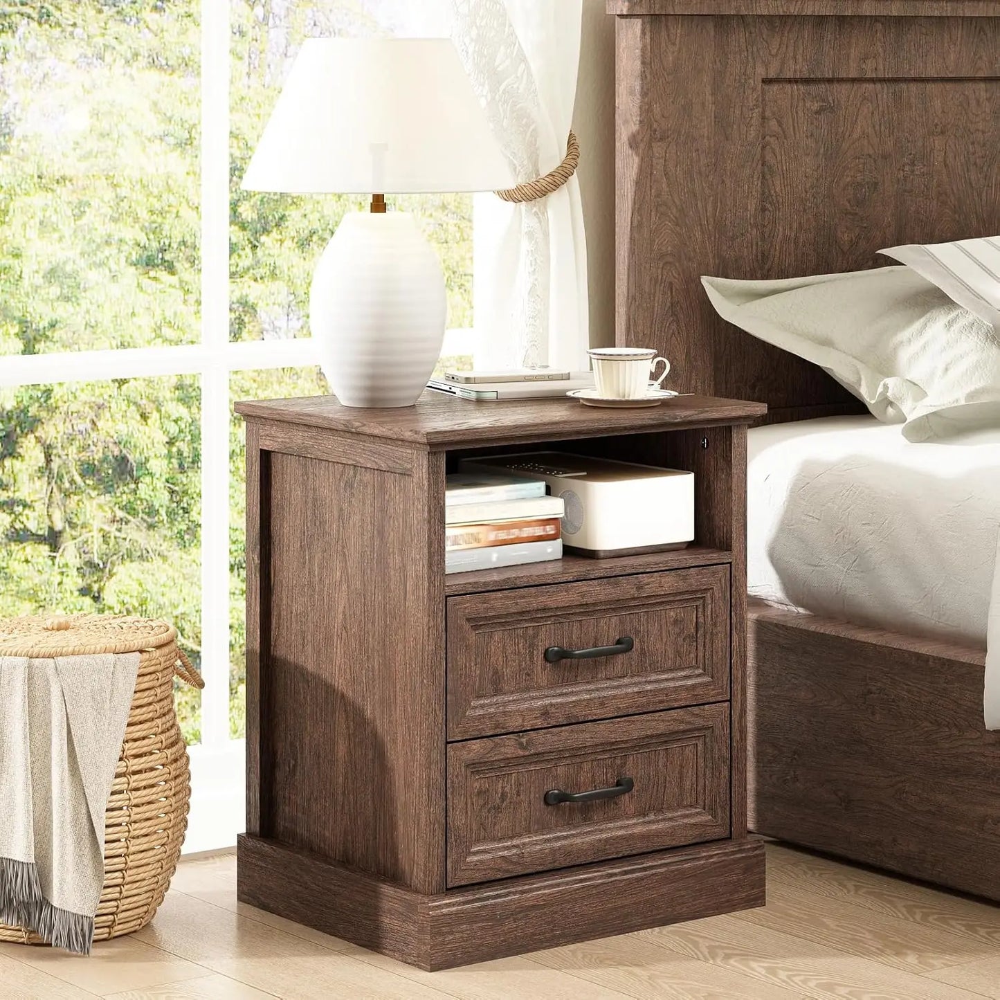 20 Inch Farmhouse Nightstand End Table with Drawers and Open Storage