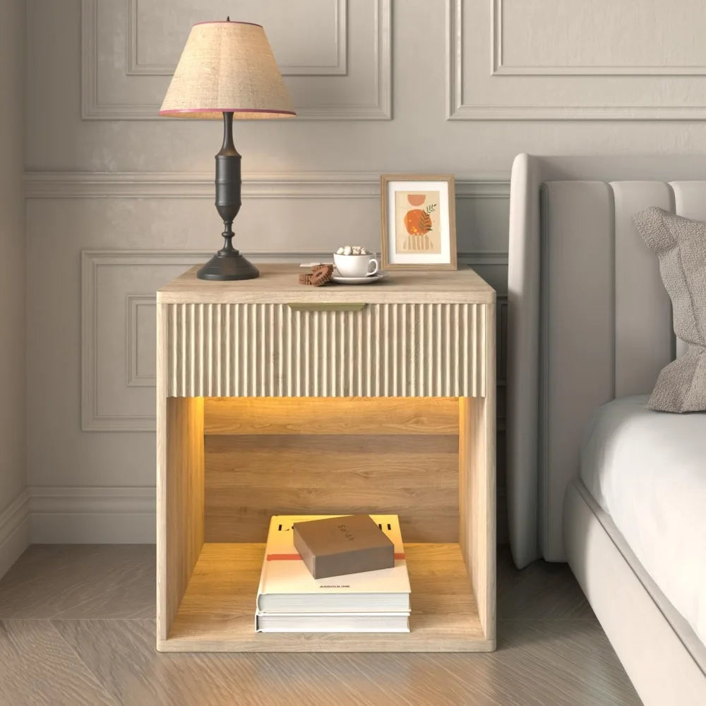 Fluted Nightstand with Charging Station 23" Wide Modern Bedside Table