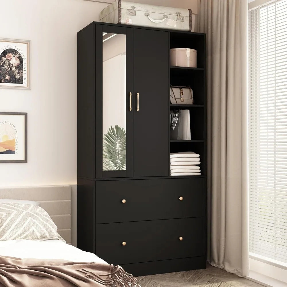 Wardrobe Armoire Closet with Mirror and Drawers Extendable Rod