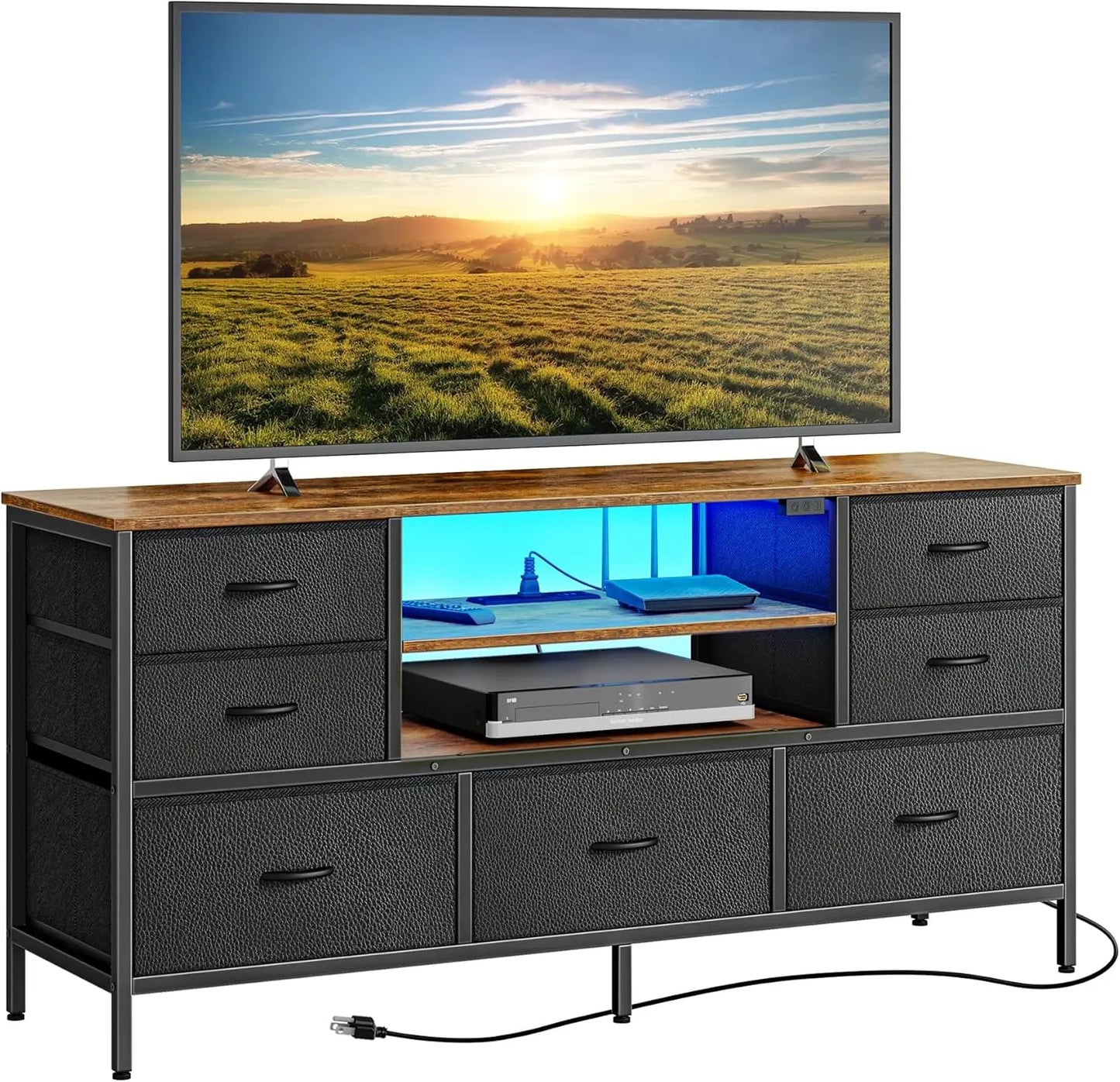 Modern TV Stand with Power Outlets LED Lights 7 Drawer Console