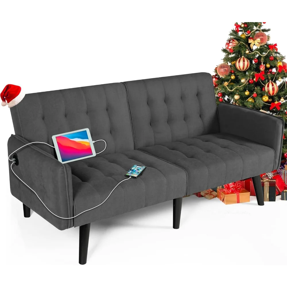 65 Inch Convertible Futon Sofa Bed with USB Small Adjustable Couch