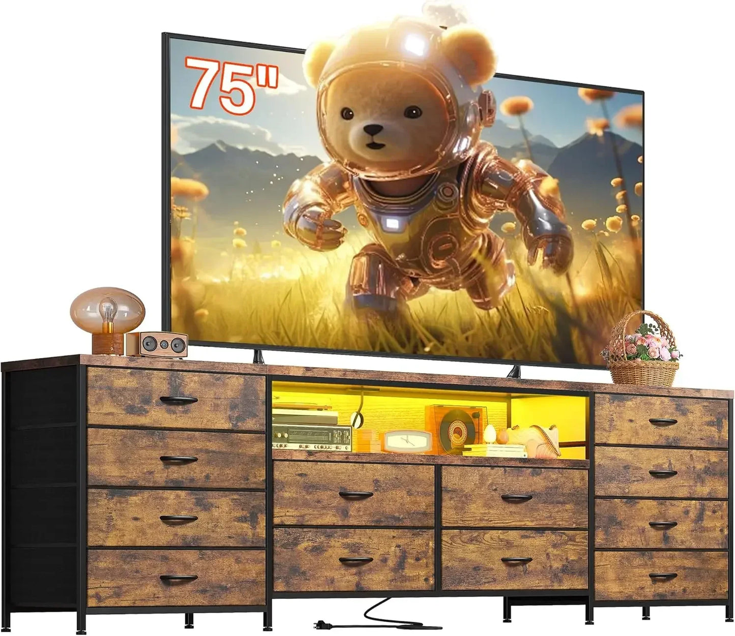 Ljustra 75 Inch TV Stand Dresser with LED Lights 12 Drawers and Outlets