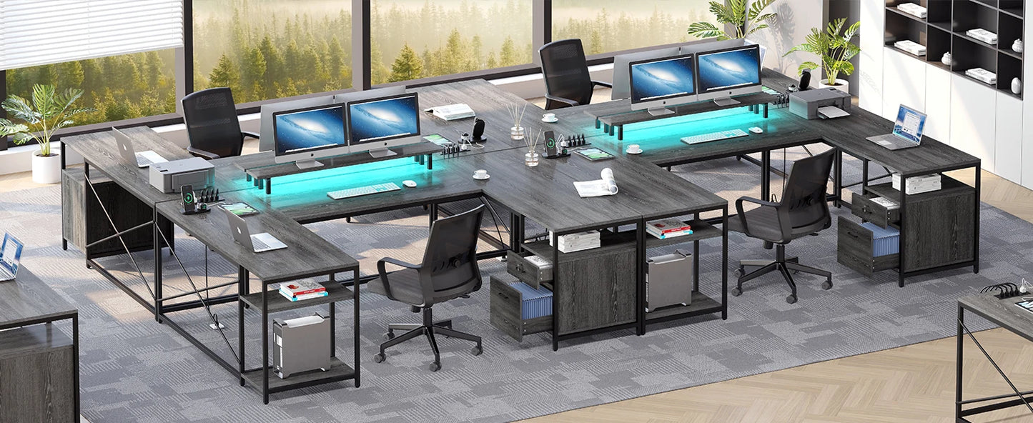 U Shaped Desk with Power Outlets LED Lights Reversible L Shaped Desk