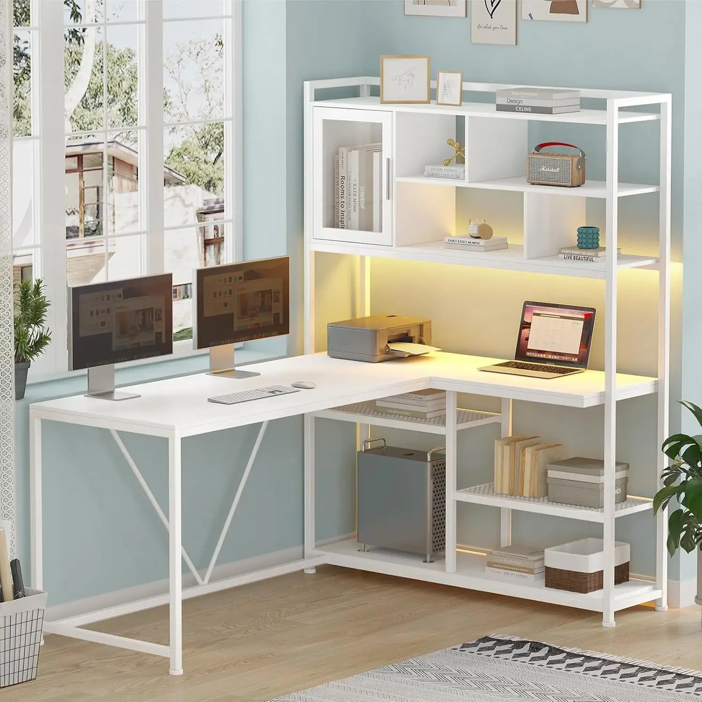 L Shaped Computer Desk with LED Light and Bookshelf for Home Office