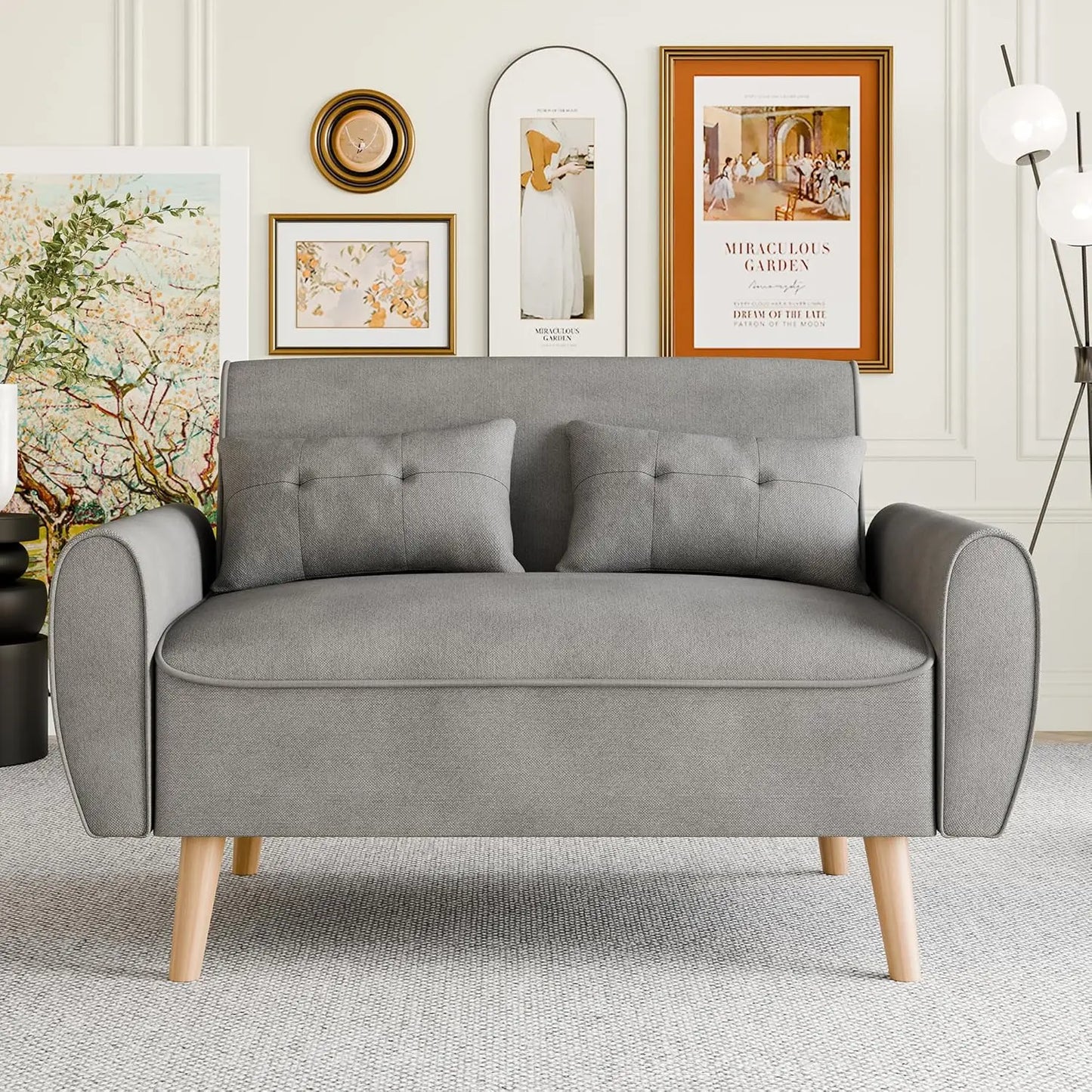 Modern Loveseat Sofa Mid Century Linen Fabric Tufted Couch Living Room
