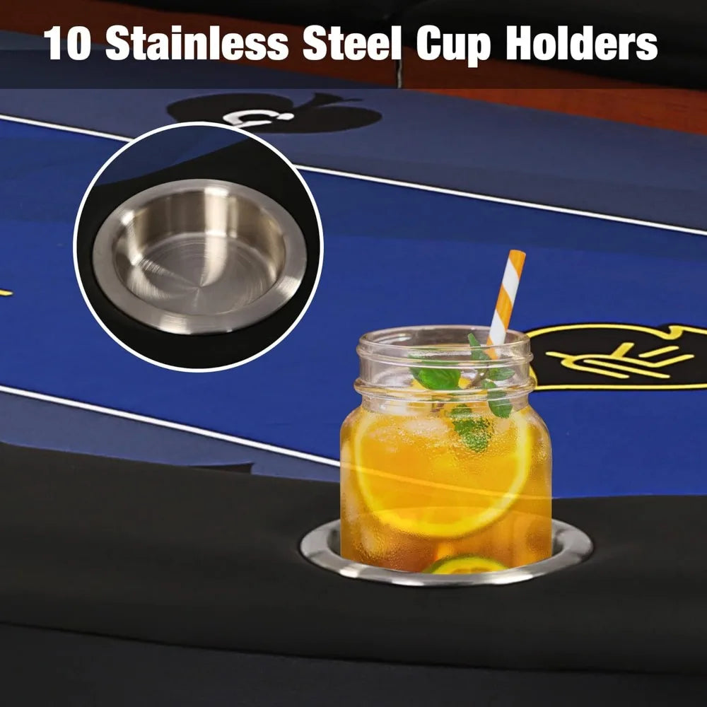 Poker Table for 10 Players 84 Inch Foldable with Stainless Steel Cup Holders