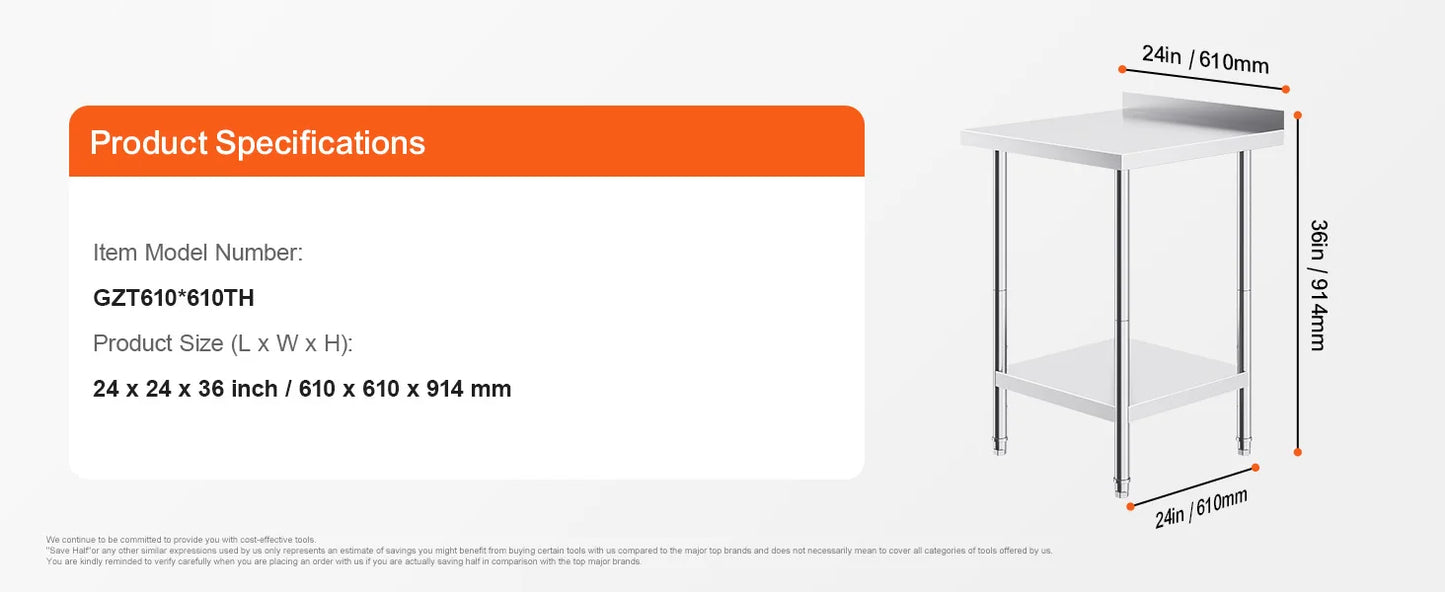SucceBuy Stainless Steel Work Table Heavy Duty Adjustable Kitchen Table