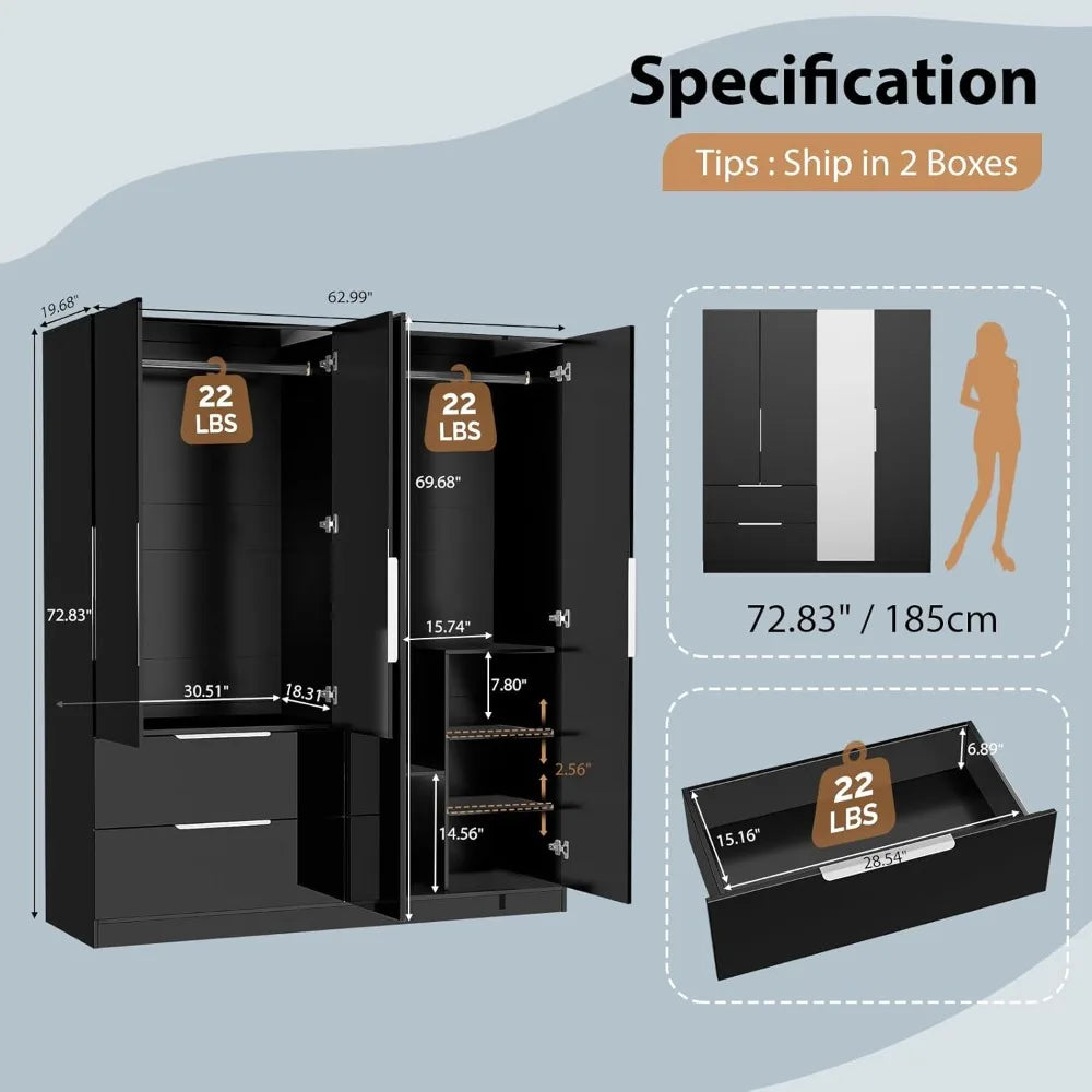 Modern 63" Wardrobe Closet with Mirror 4 Doors Armoire Cabinet Storage