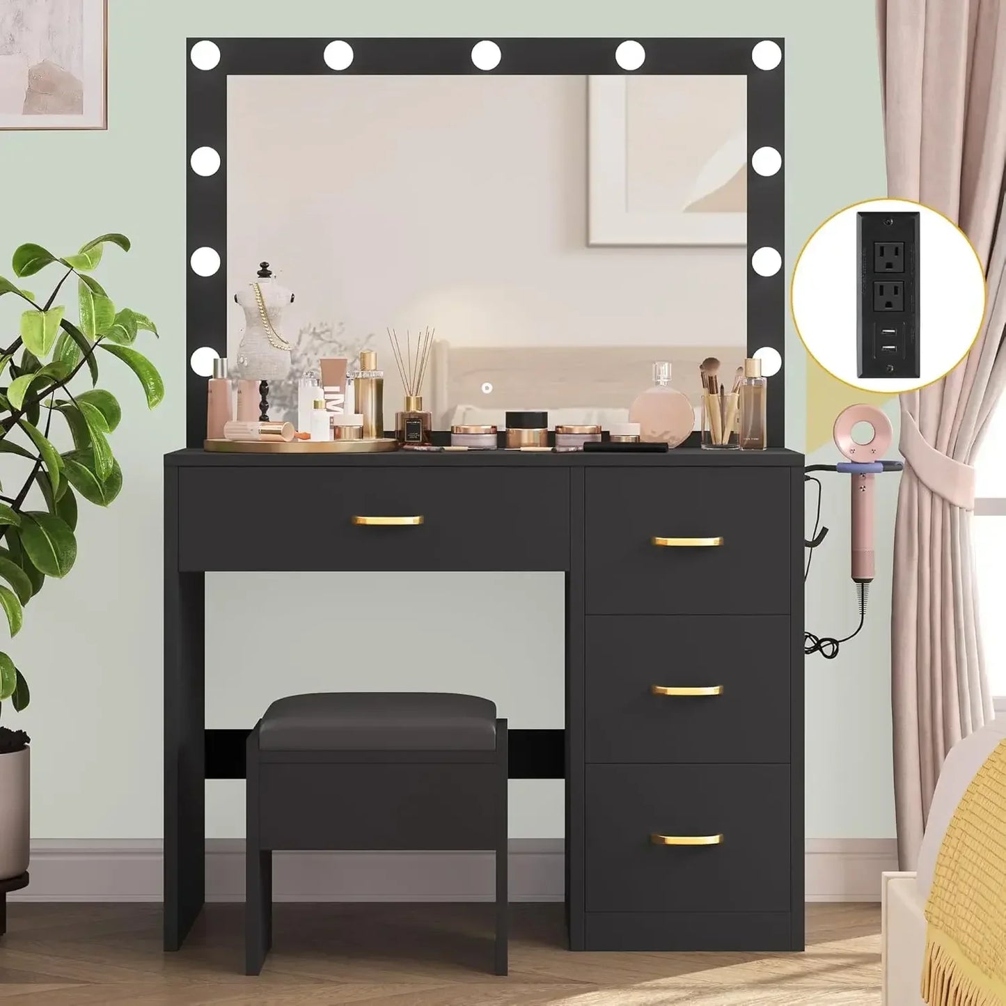 Makeup Vanity Table Set with Large Mirror and Cushioned Stool for Women