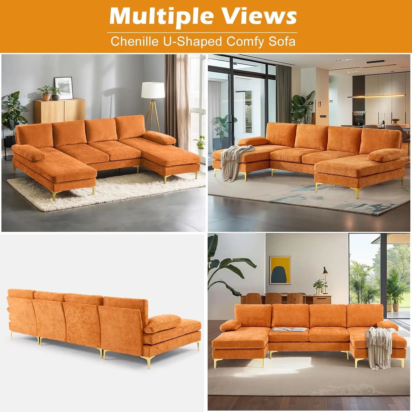 Ljustra Modern U-Shape Couch, 4-Seat Chenille Sectional Sofa, Burnt Orange, 110"