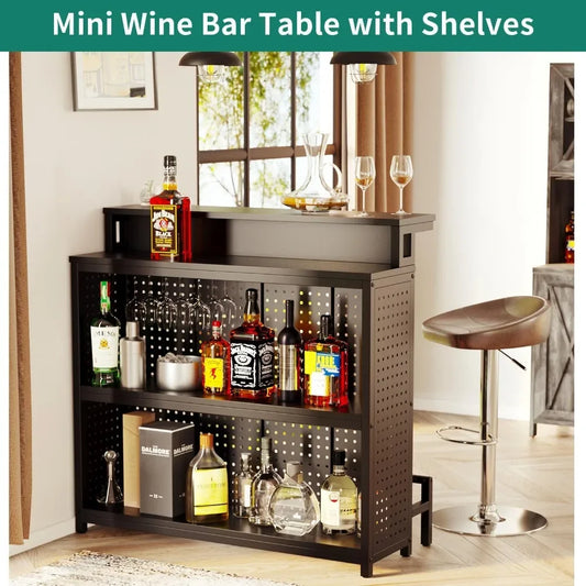 Mini Home Bar Unit with Music Sync LED Light Alcohol Storage Table