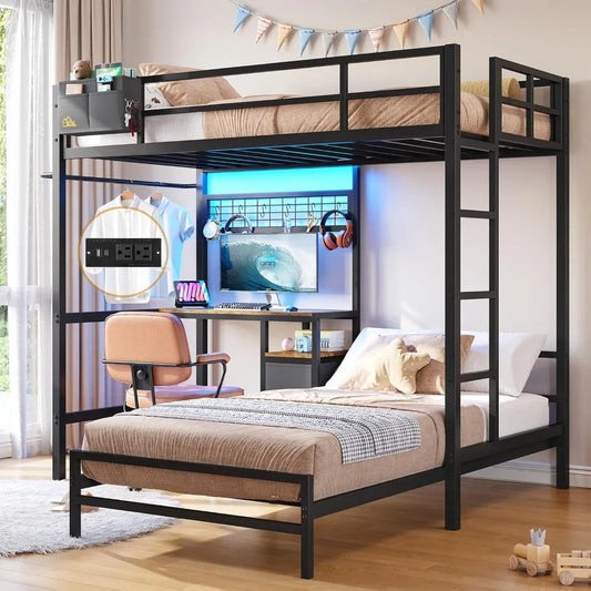Ljustra Twin Over Twin Metal Bunk Bed with Desk LED Lights and Storage