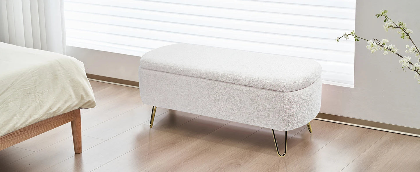 40 Inch Boucle Sherpa Ottoman Bench Storage Upholstered Gold Legs