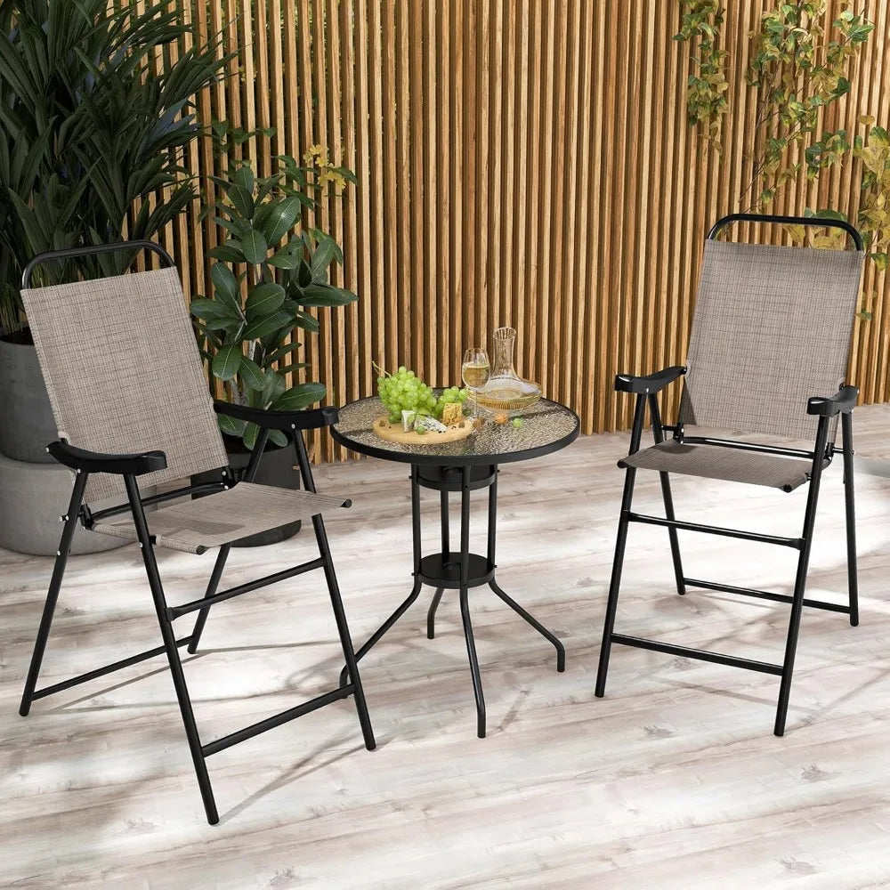 2 Pieces Folding Patio Bar Chairs Outdoor High Top Metal Frame