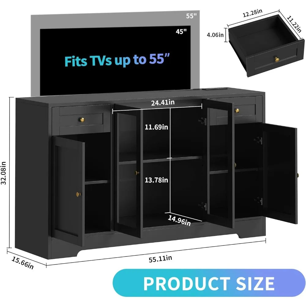 55 Inch Large LED Buffet Cabinet with Adjustable Shelves Charging Station