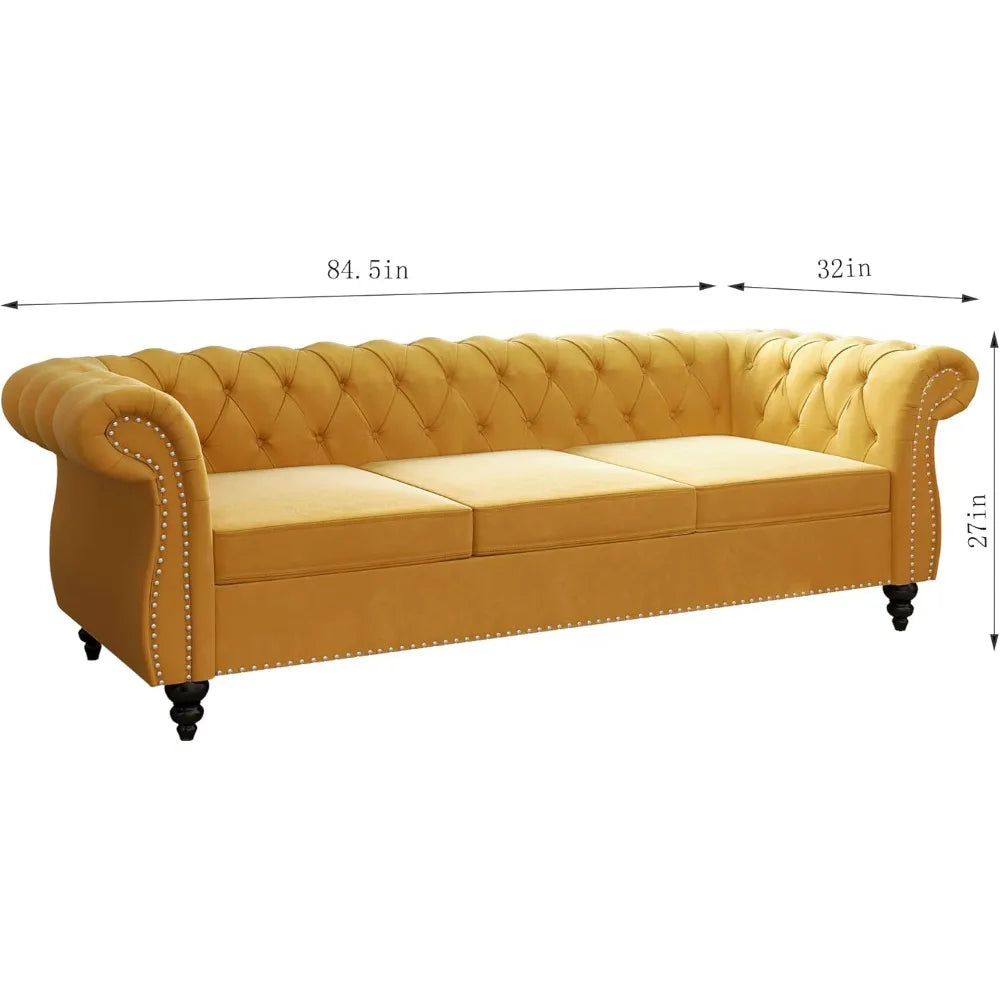 84" Velvet Chesterfield Sofa Tufted Couch w/ Rolled Arms & Nailheads, 3 Seater