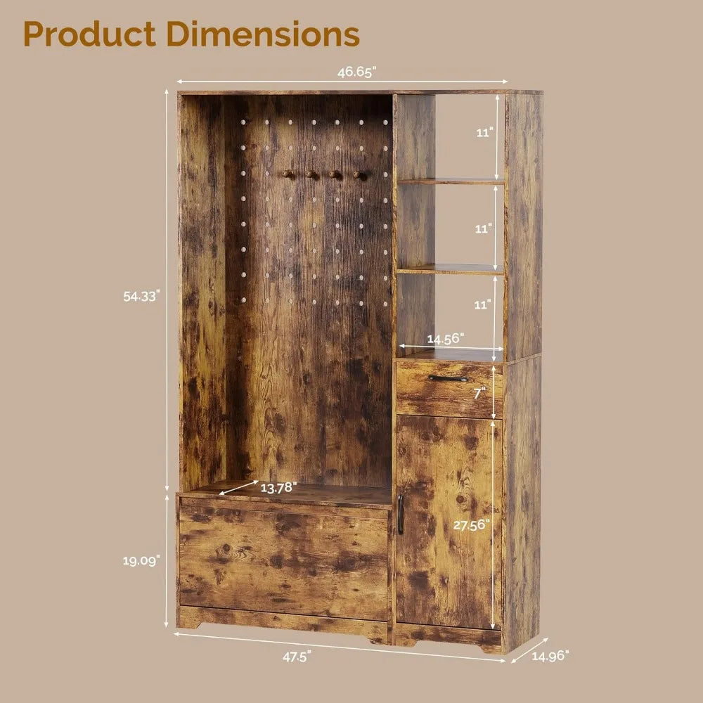 Hall Tree Bench Shoe Storage Coat Rack Entryway Organizer 6-in-1