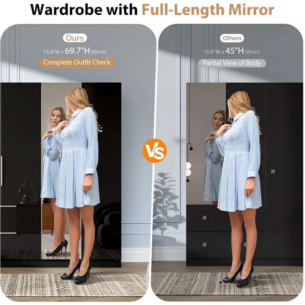 Modern 63" Wardrobe Closet with Mirror 4 Doors Armoire Cabinet Storage