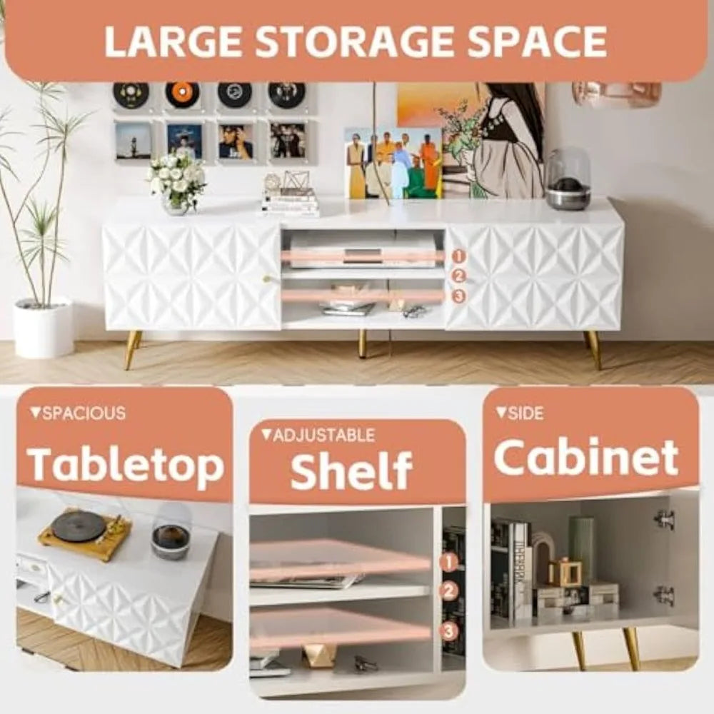 White Modern TV Stand for 65 Inch TV with Storage Cabinets Adjustable Shelves