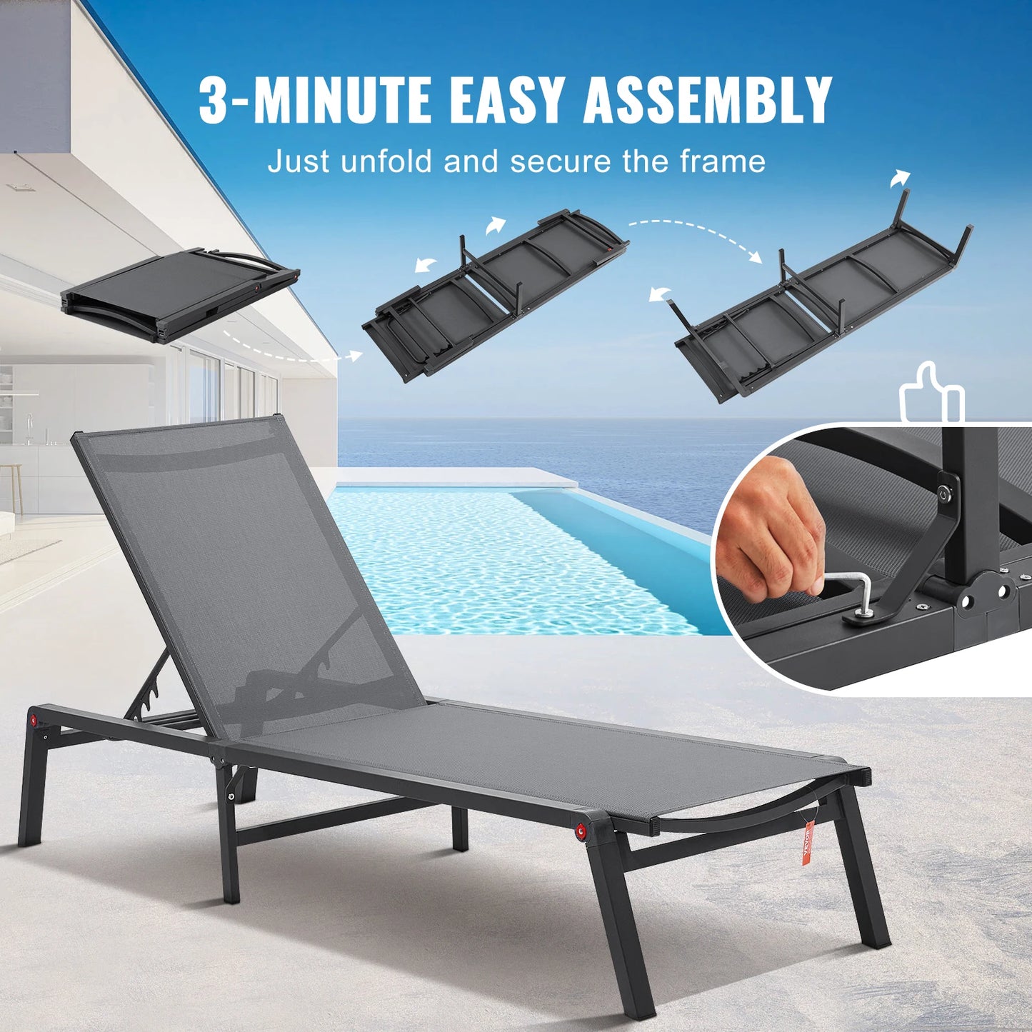 Ljustra Outdoor Aluminum Chaise Lounge Chair Folding Recliner Patio Pool