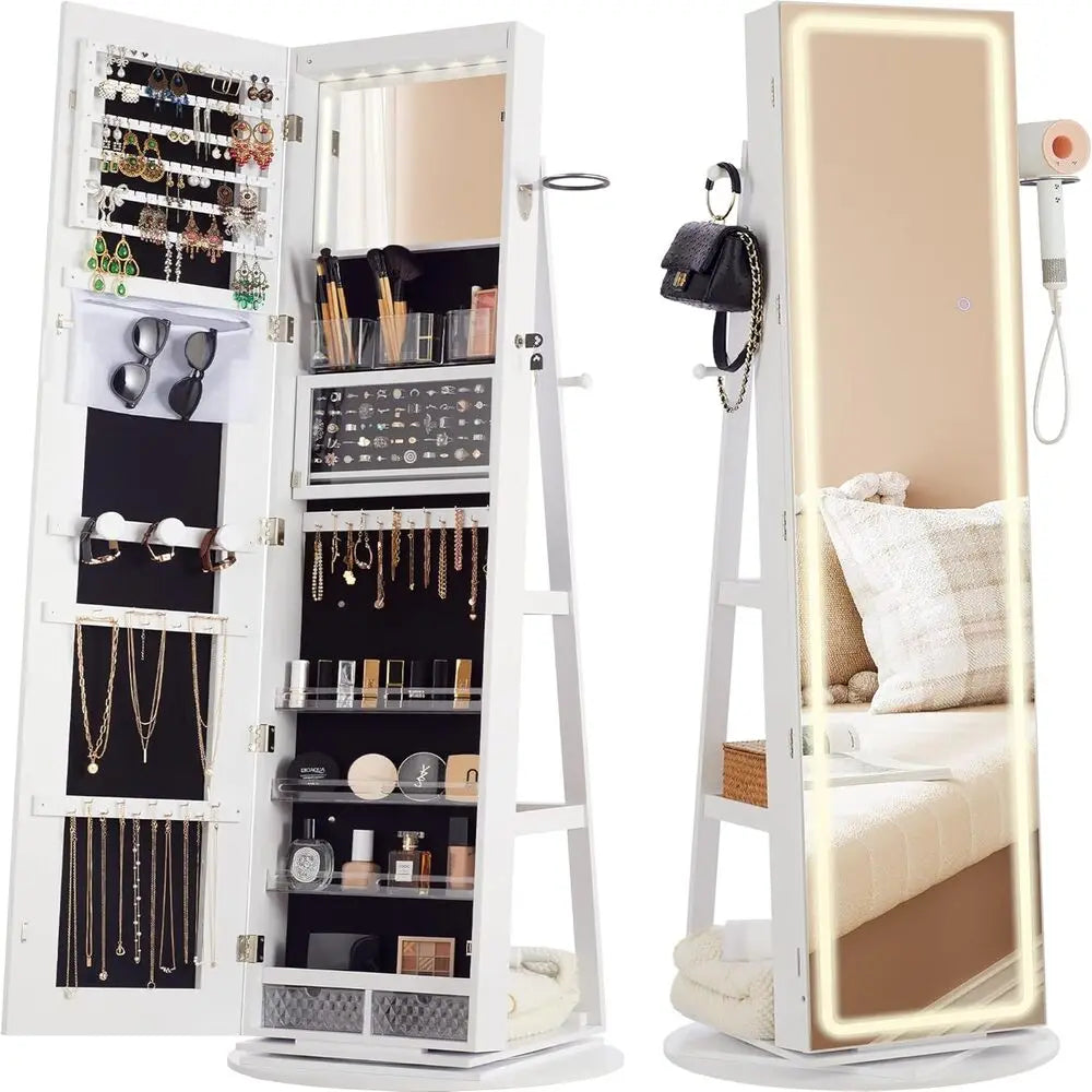 Ljustra LED Mirror Jewelry Cabinet 360° Swivel Lockable Armoire