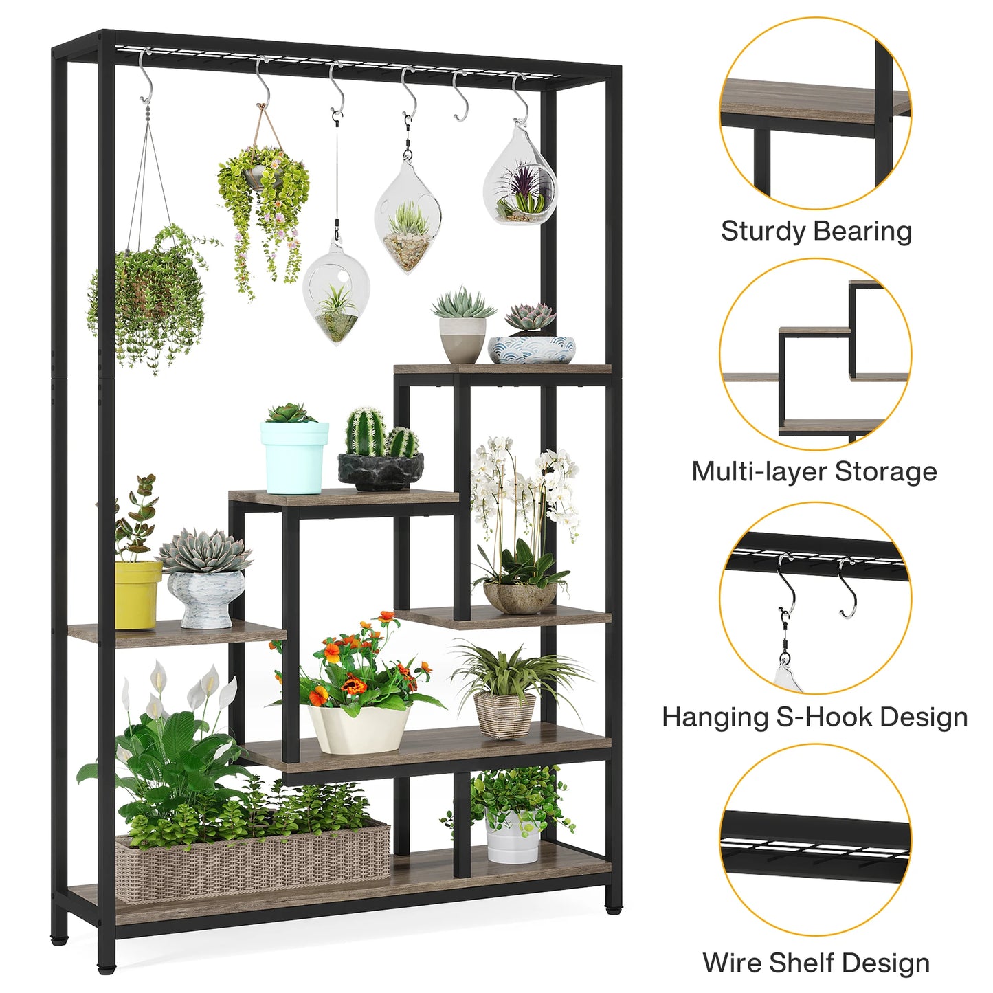 Ljustra 5 Tier Tall Indoor Plant Stand Shelf with Hanging Hooks