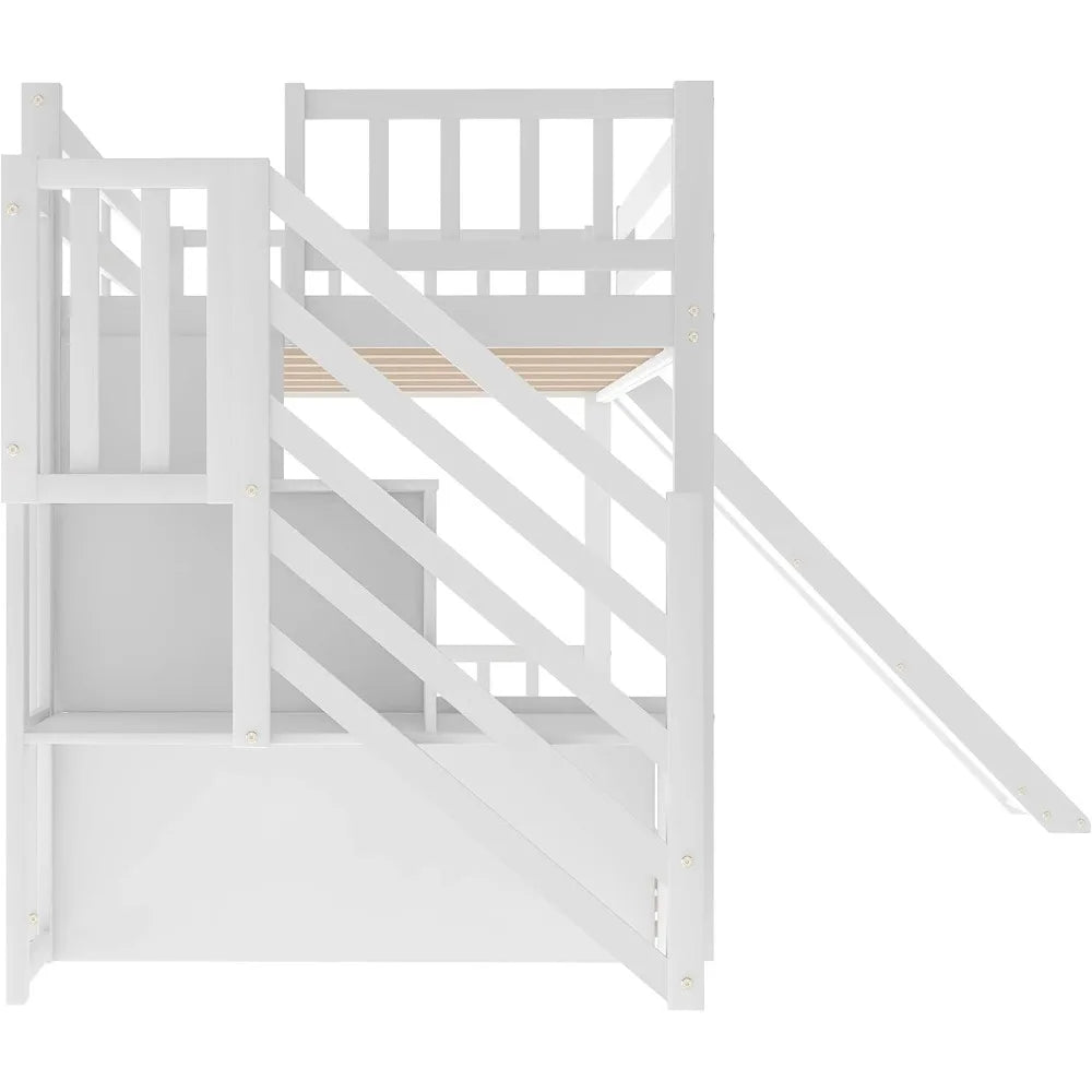 Softsea Twin Over Twin Low Bunk Bed with Slide and Stairs for Kids