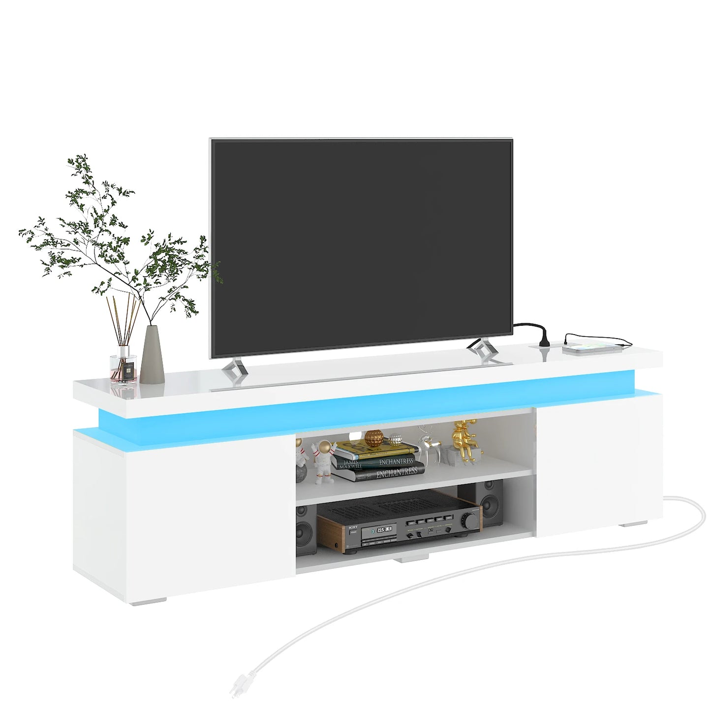 66 Inch LED TV Stand Modern Gaming Cabinet with Power Outlet Storage