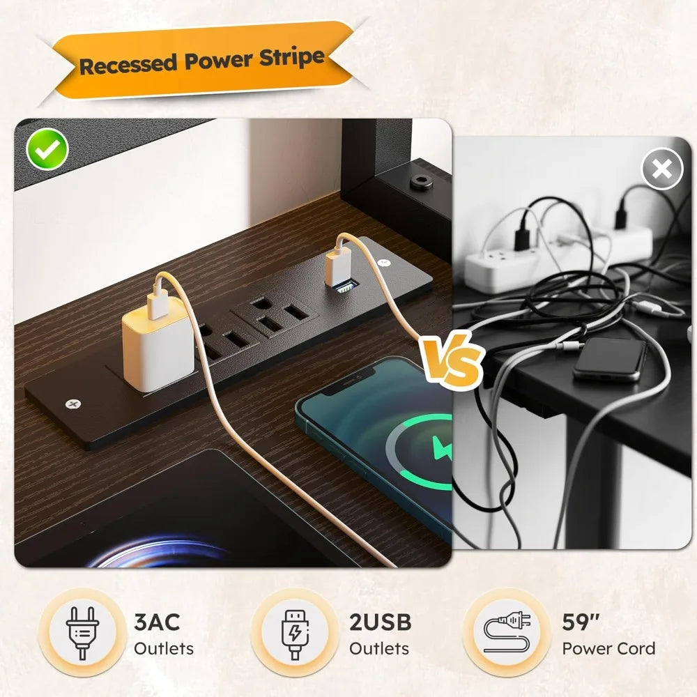 Computer Desk with Power Outlets LED Lights Spacious Office Storage