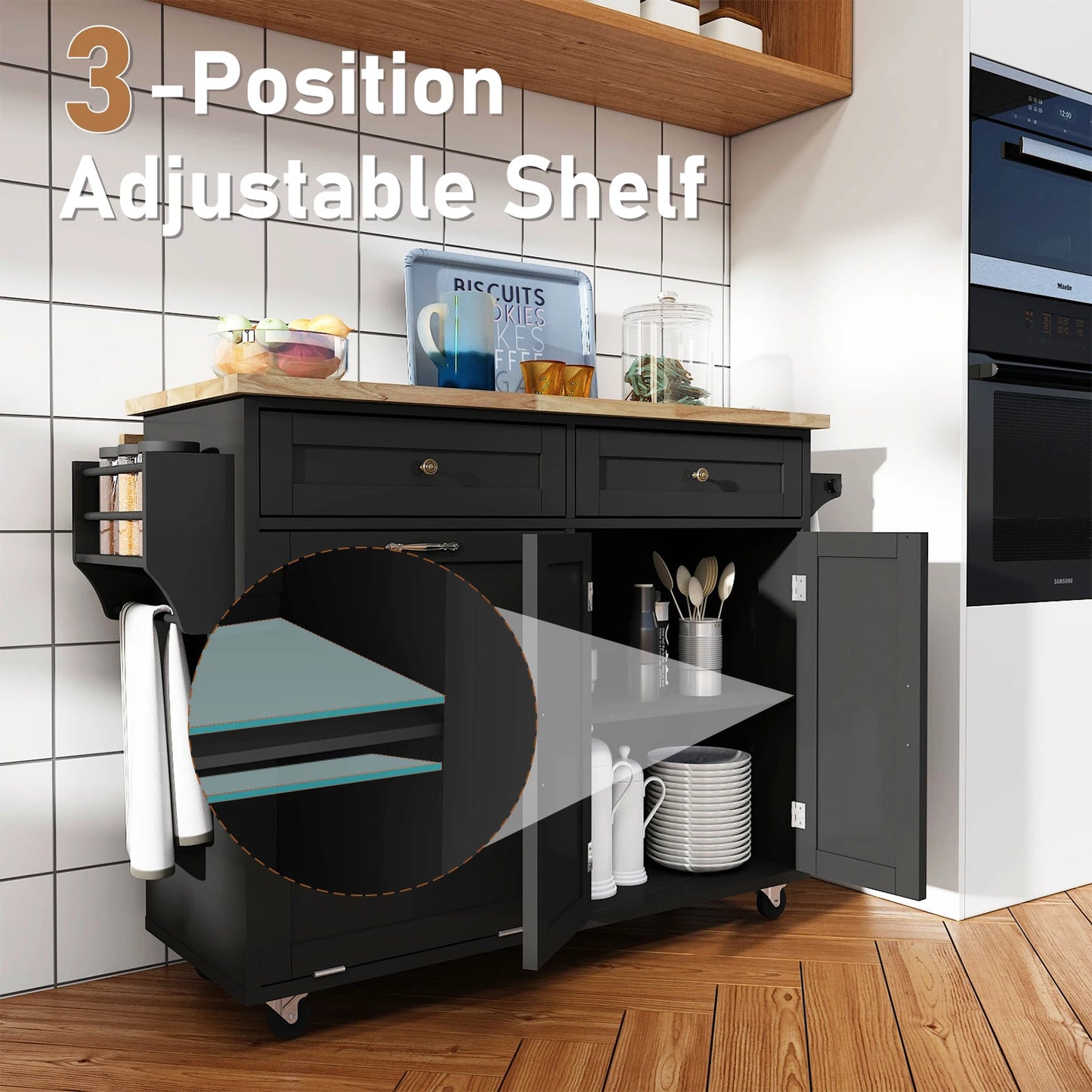 Kitchen Island with Storage Rolling Cart Drop Leaf Towel Rack