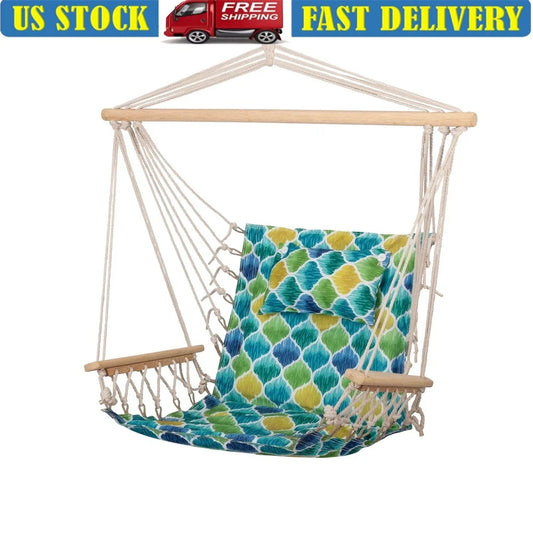 Hammock Chair with Pillow Wooden Arms Durable Poly-Cotton Indoor Outdoor