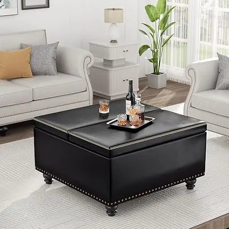Square Storage Ottoman Faux Leather Lift Top Multi-Purpose Living Room