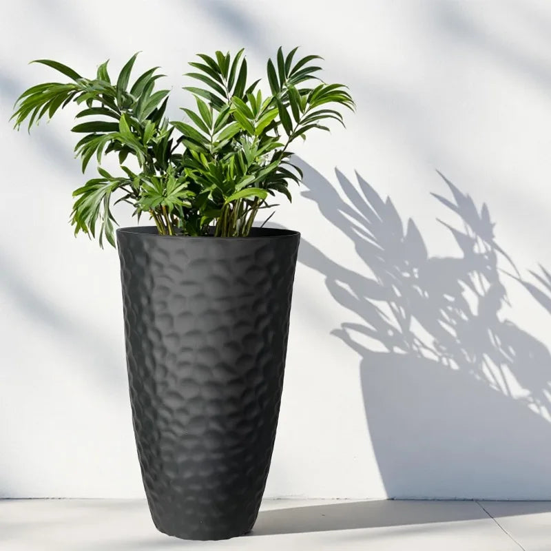 Garden Tall Hammered Texture Planters Set of 2 Matte Black Plastic