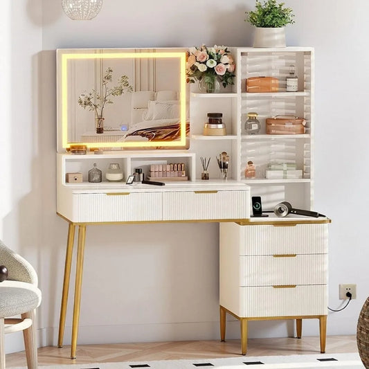 Fluted Vanity Desk with Mirror and Lights Makeup Storage Organizer